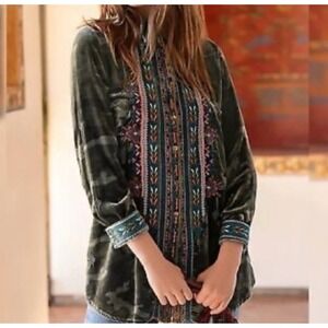 Johnny Was Shanelle Velvet Button Up Shirt Blouse Embroidered Top Large Tunic